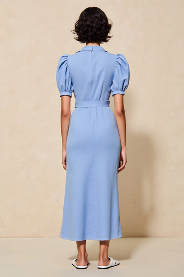 Blue Sheath Notched Lapel Long Work Dress with Sleeves